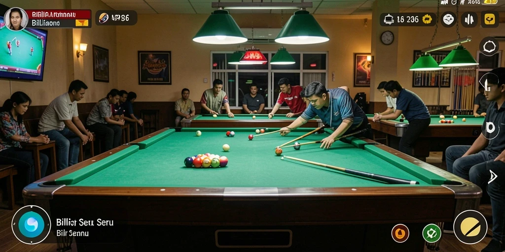 Antarmuka bermain billiard yang menarik dan interaktif.