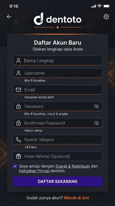 Tampilan halaman daftar dentoto